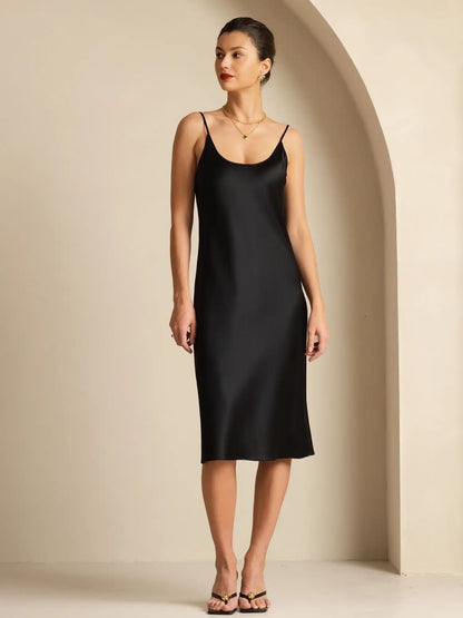 19Momme Silk Scoop Neck Backless Spaghetti Strap Midi Dress