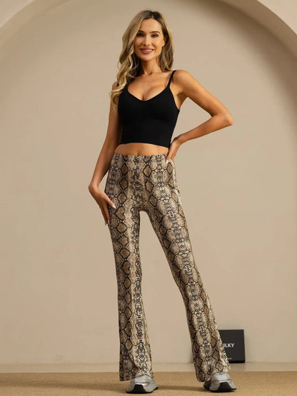 Clearance - Pure Silk Wild Animal Print Women's Flare Pants High Waisted Bell Bottom