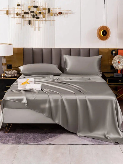 19Momme 4Pcs 100% Mulberry Silk Bedding Set Fitted&Flat Sheets+2x Pillowcases