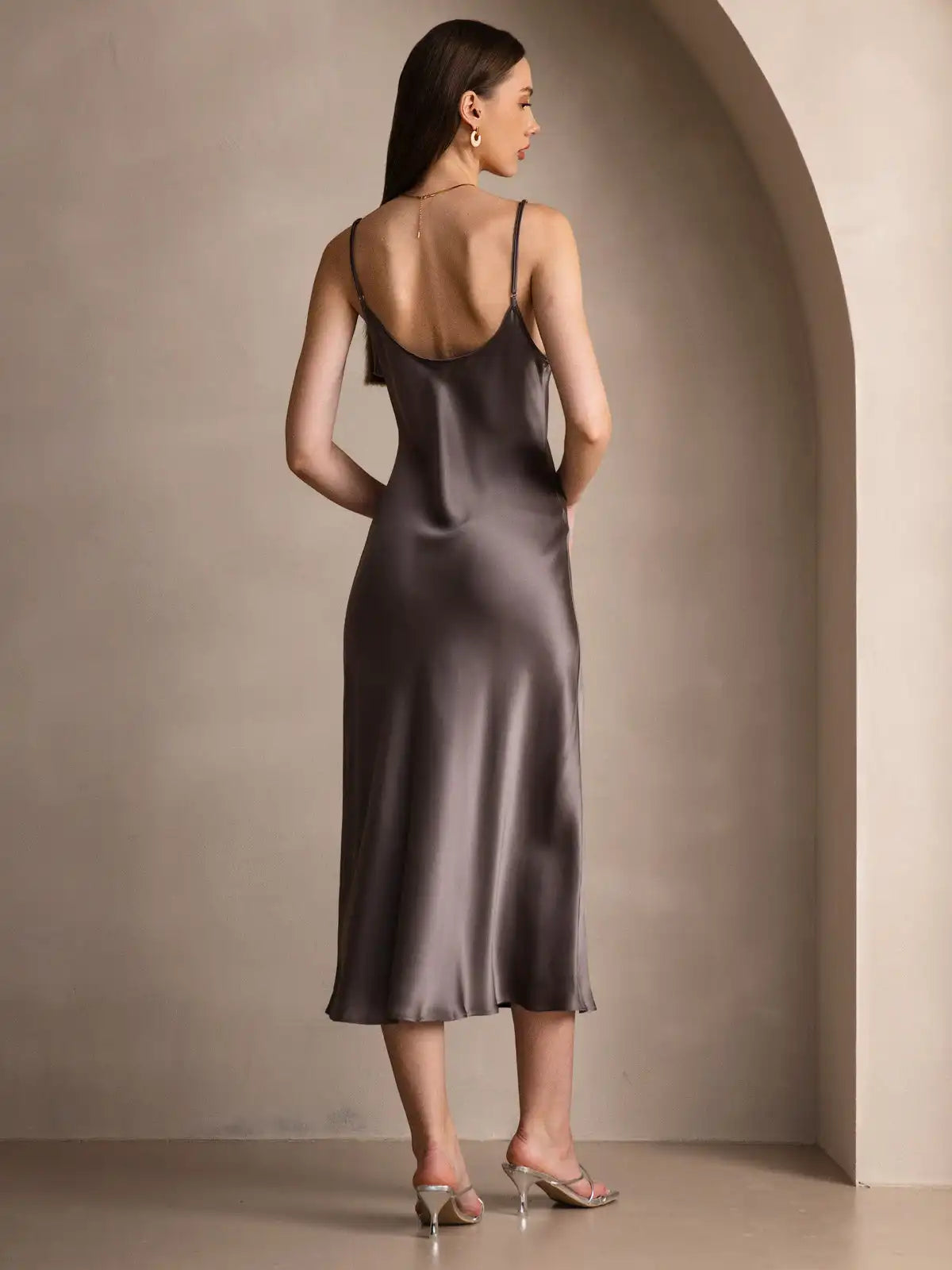 100% Mulberry Silk Spaghetti Strap V Neck Midi Dress
