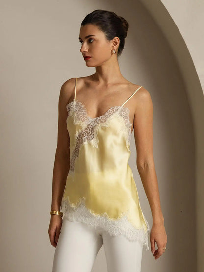 100% Mulberry Silk Spaghetti Straps Lace Camisole Top with Asymmetrical Hem