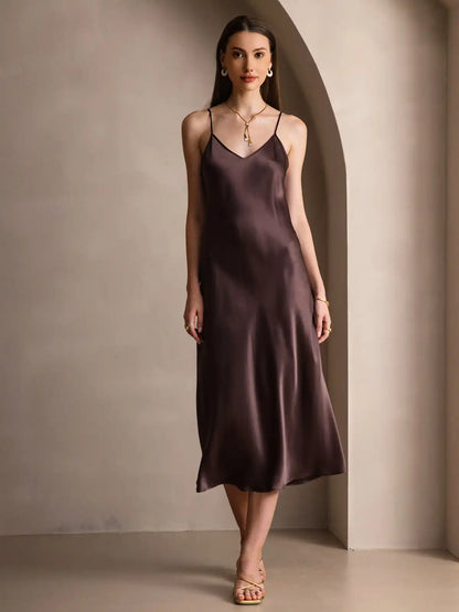 100% Mulberry Silk Spaghetti Strap Midi Long Dress