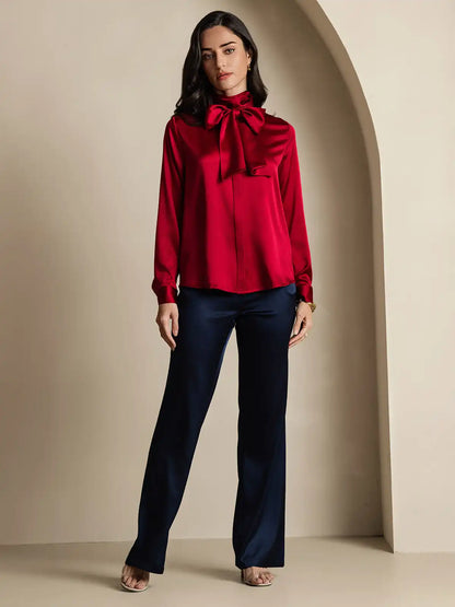 19Momme Silk Long Sleeve High Neck Bow Tie Blouse