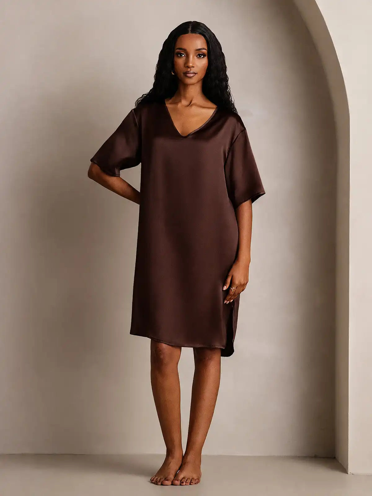100% Mulberry Silk Half Sleeve V-neck Short Nightgown with Split Design