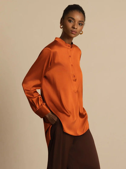 19Momme Silk Women’s  Stand Collar High-Low Blouse With Button Detail
