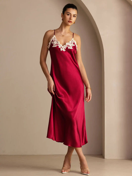 Clearance - 100% Mulberry Silk Spaghetti Strap V Neck Midi Dress with Lace V-Back Design