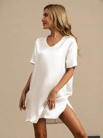 100% Mulberry Silk Half Sleeve V-neck Short Nightgown with Split Design