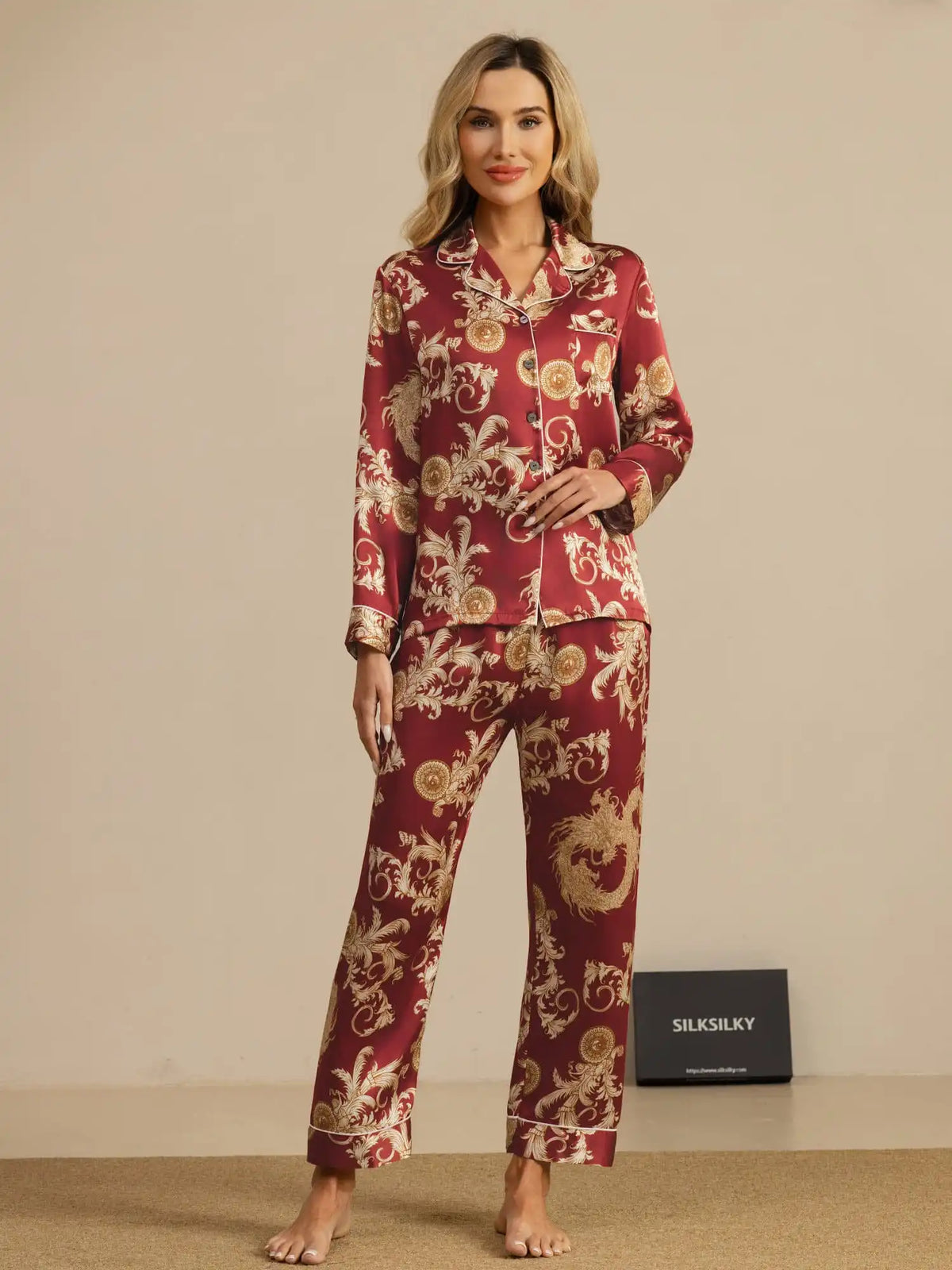 Clearance - 100% Mulberry Silk Dragon Print Long Sleeve Notch Collar Women's Pajamas Set With Pants
