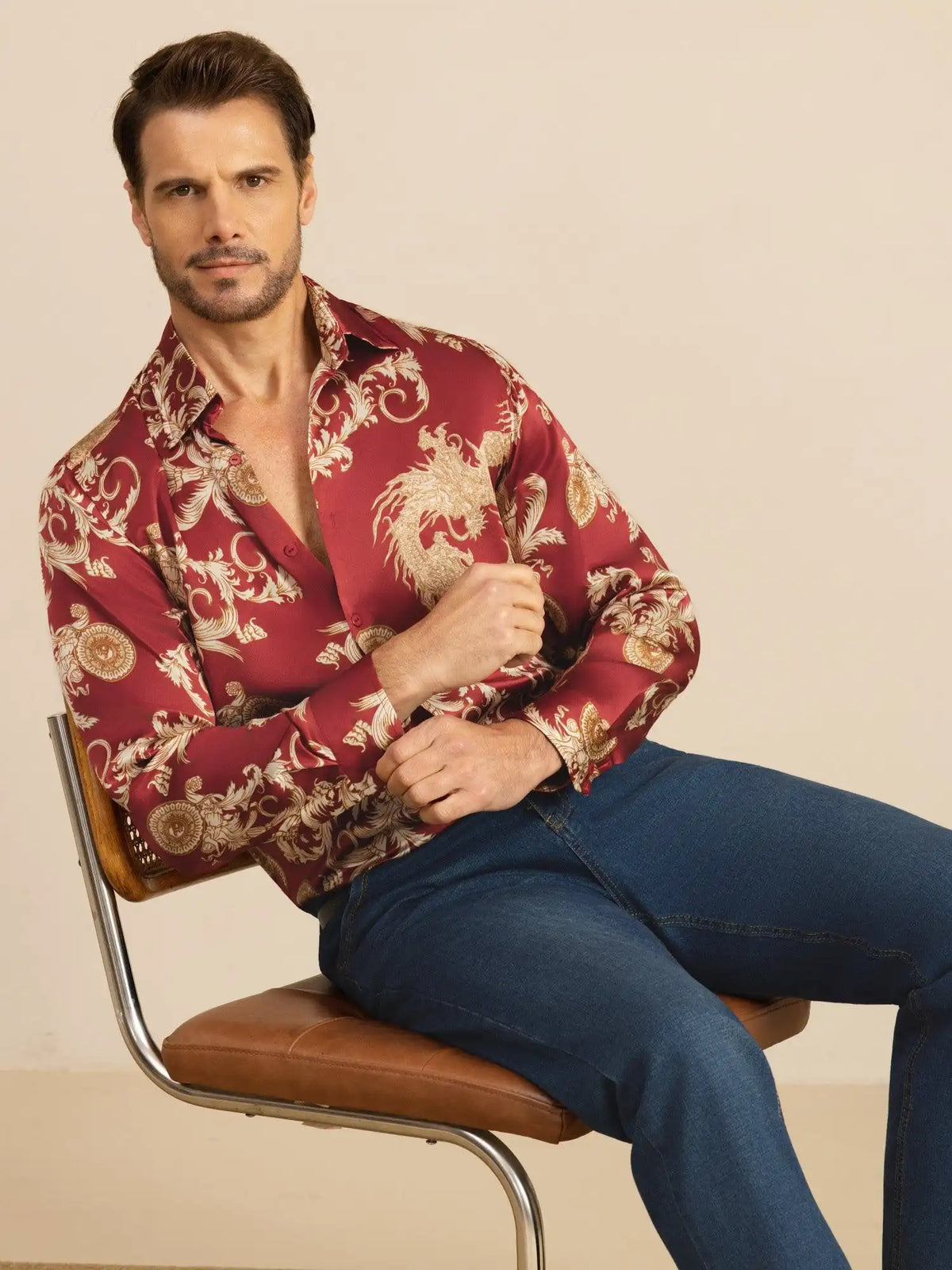 Pure Silk Men's Long Sleeve Lapel Collar Dragon Print Shirt