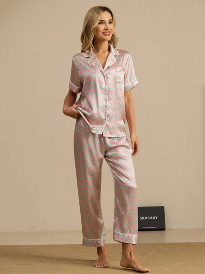 Clearance - 100% Mulberry Silk Geometric Print Short Sleeve Notch Collar Women's Pajamas Set With Pants