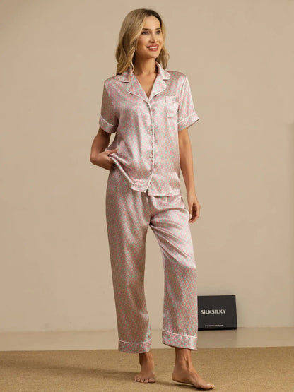 100% Mulberry Silk Geometric Print Short Sleeve Notch Collar Women's Pajamas Set With Pants