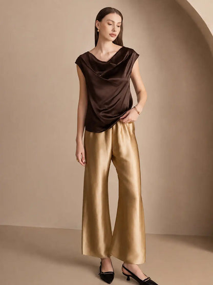 19Momme Women's Silk Cap Sleeve Cowl Neck Top