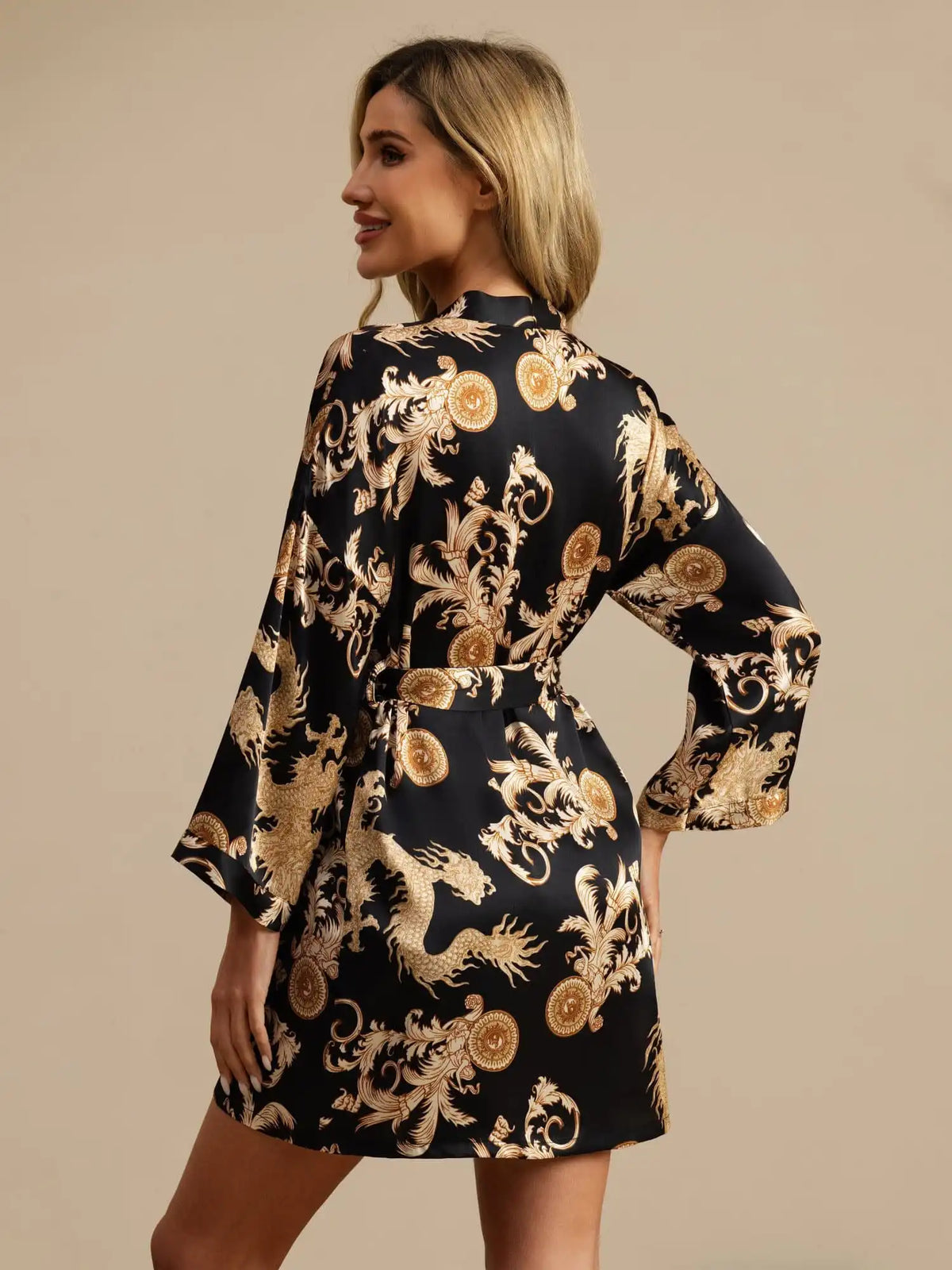 100% Mulberry Silk Dragon Print 3/4 Sleeve Women's Kimono Robe With Belt