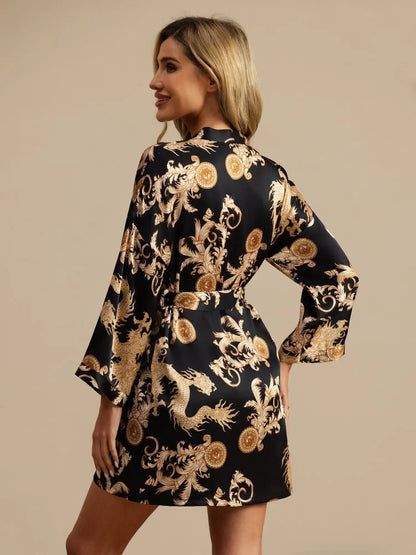 100% Mulberry Silk Dragon Print 3/4 Sleeve Women's Kimono Robe With Belt