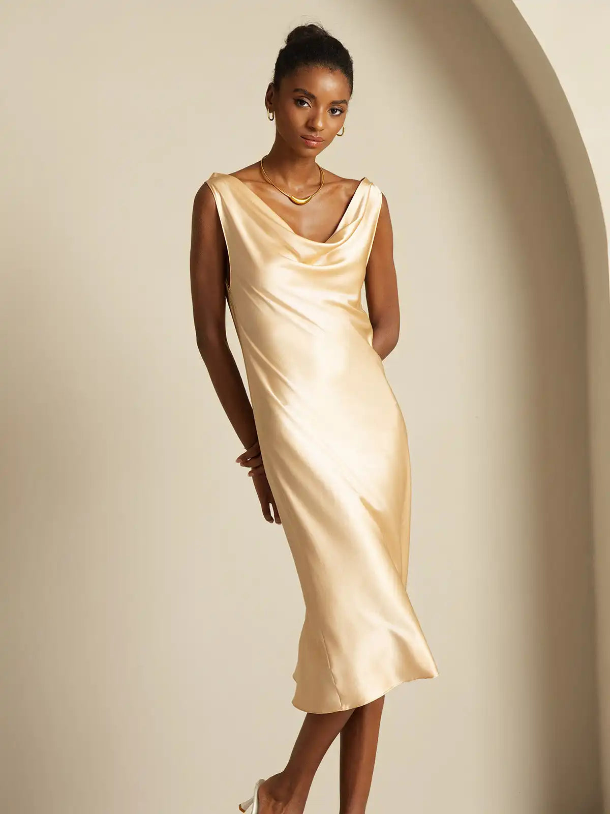 19Momme Silk Sleeveless Cowl Neck Knee Elegant Dress