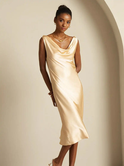 19Momme Silk Sleeveless Cowl Neck Knee Elegant Dress