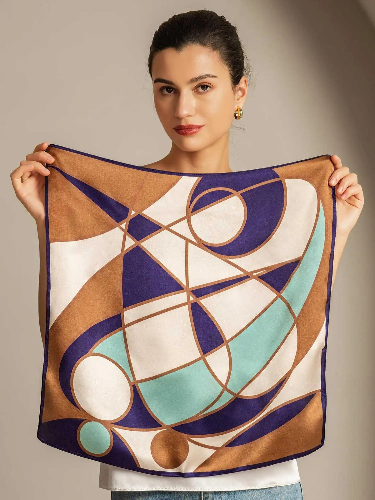 100% Mulberry Silk Geometric Pattern Square Scarf - Size 53x53cm