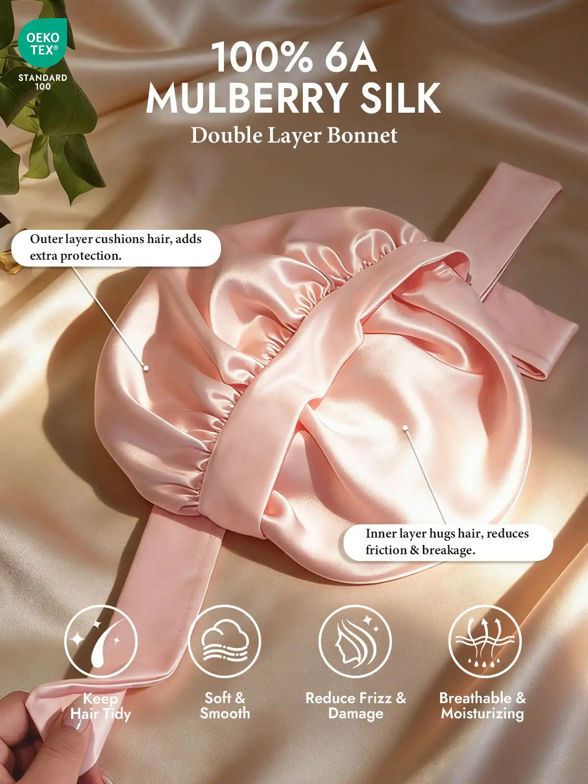 100% Mulberry Silk Double-Layer Bonnet with Adjustable Long Tie