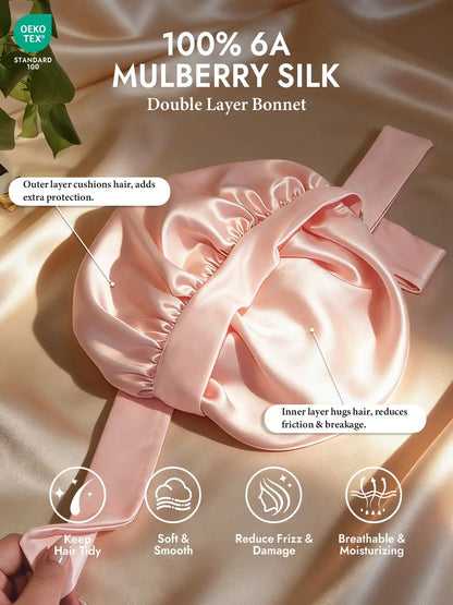 100% Mulberry Silk Double-Layer Bonnet with Adjustable Long Tie
