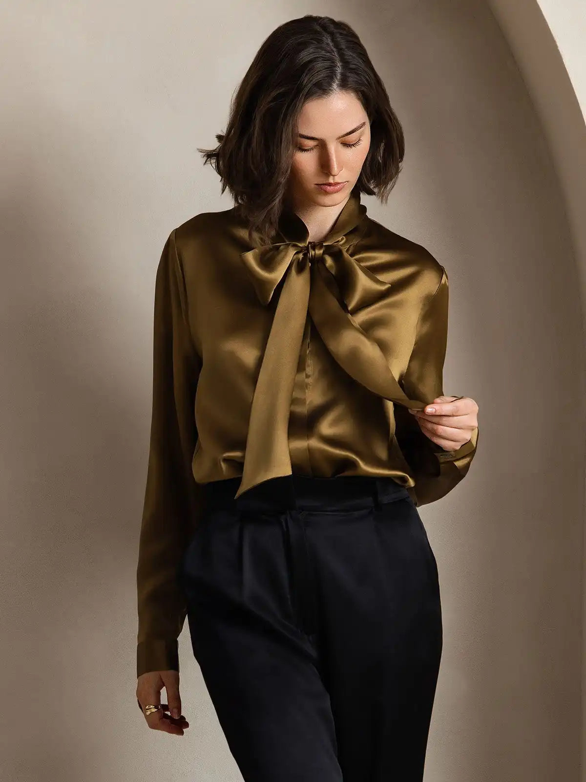 Elegant 19Momme Silk Long Sleeve Tie Neck Blouse
