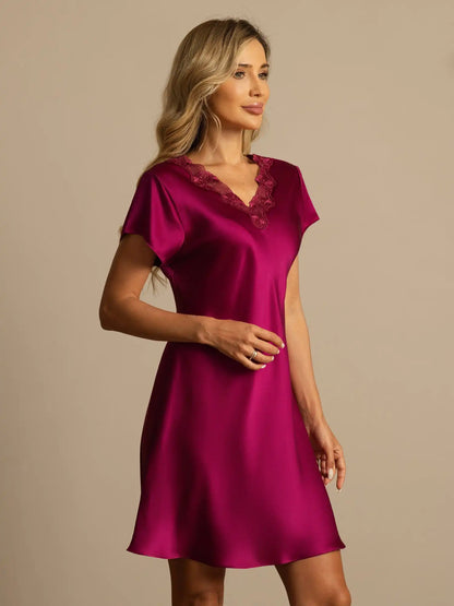 100% Mulberry Silk Short Sleeve V-neck Side Split Short Nightgown