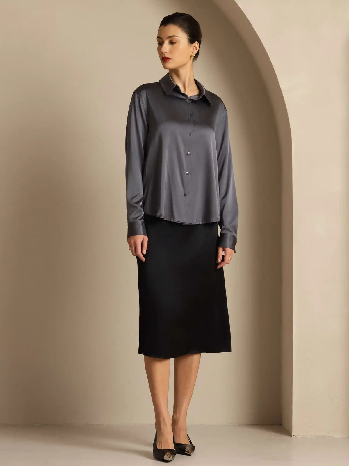 19Momme Silk Long Sleeve Lapel Collar Women's Shirt