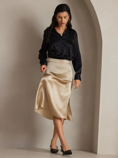 19Momme Silk Long Sleeve Lapel Collar Women's Shirt with Button Up Design