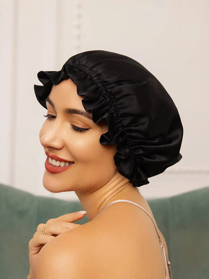 100% Mulberry Silk Sleep Cap Double Layer Bonnet with Ribbon