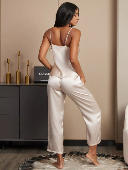 100% Mulberry Silk Spaghetti Strap V Neck Cami & Pants Pajama Set