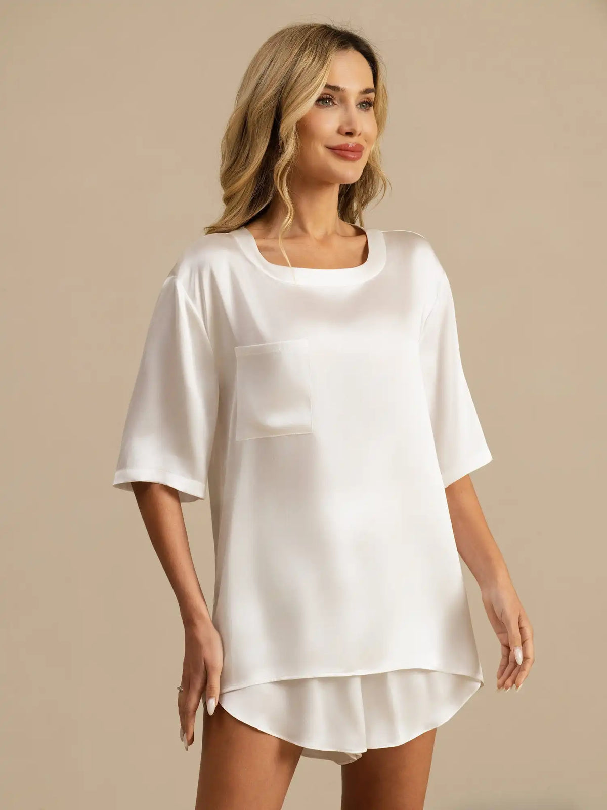 100% Mulberry Silk Short Sleeve Round Neck Womens Sleep Tee (Shorts Not Included)