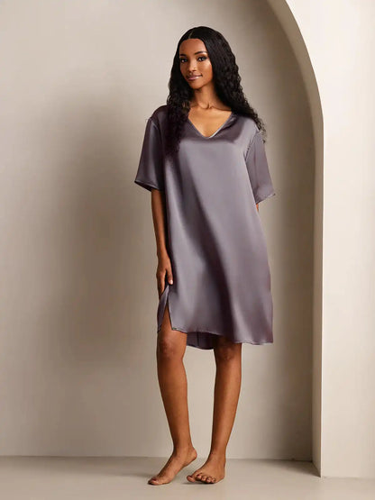 100% Mulberry Silk Half Sleeve V-neck Short Nightgown with Split Design