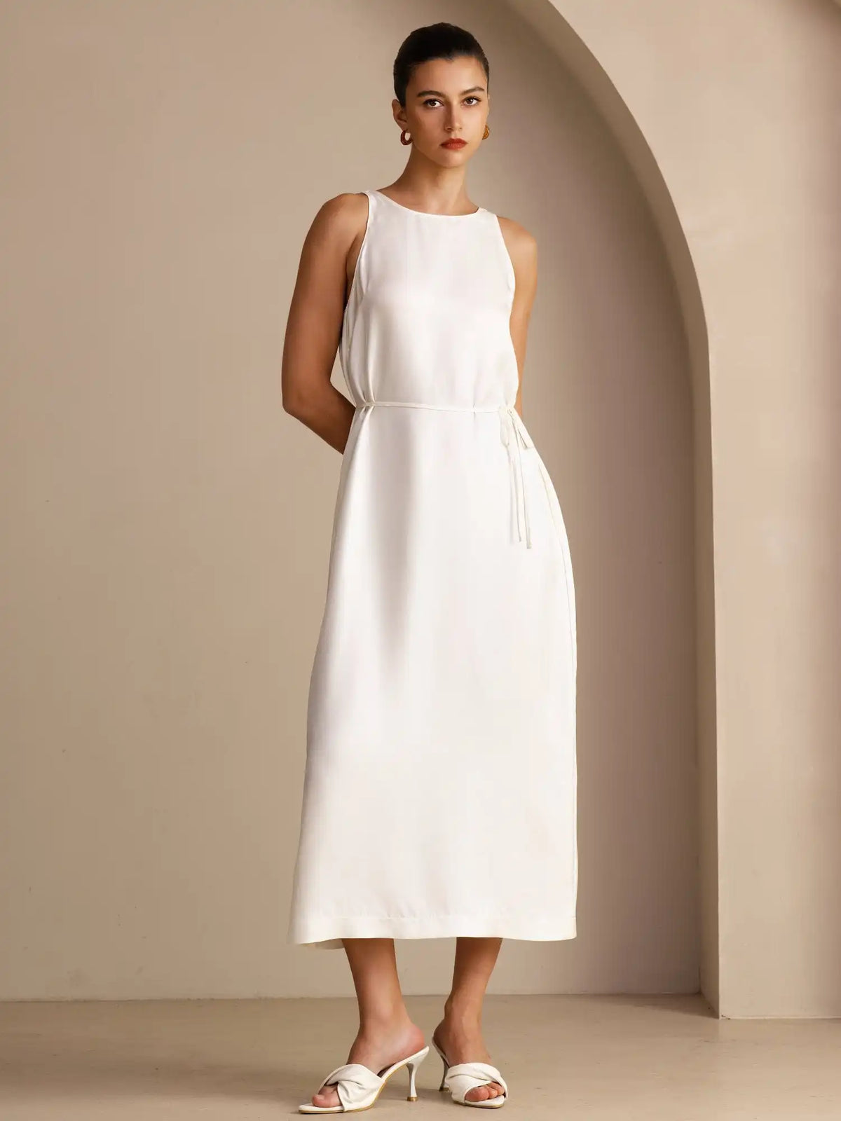 100% Mulberry Silk Crew Neck  Sleeveless Self-Tie Midi Dress