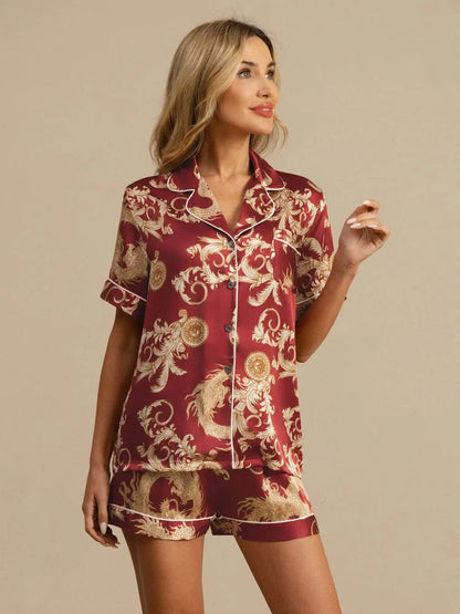 Women's 100% Mulberry Silk Dragon Print Short Sleeve Notch Collar Pajamas Set With Shorts