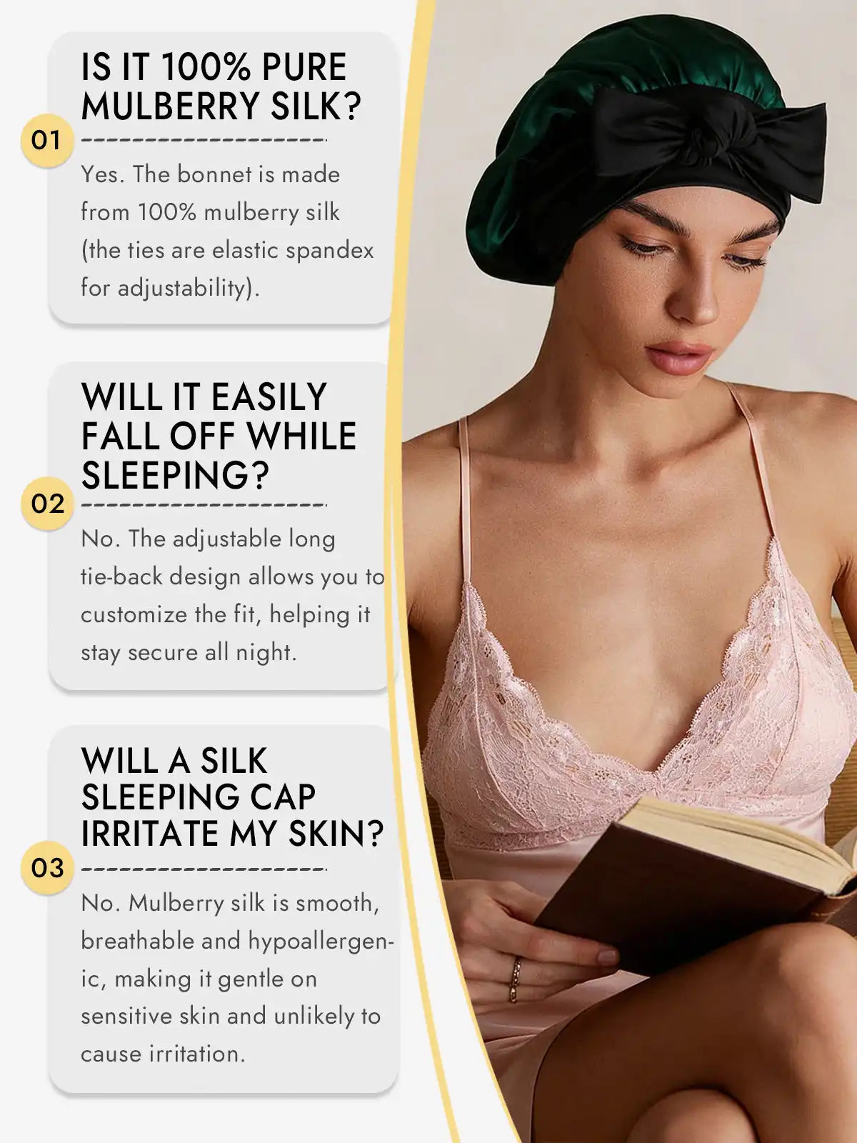 100% Mulberry Silk Bonnet Bowknot Tie Sleep Cap for Hair Protection