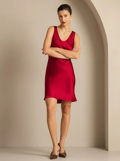 100% Mulberry Silk Casual Sleeveless U Neck Short Dress