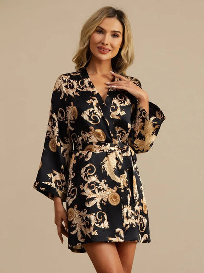 100% Mulberry Silk Dragon Print 3/4 Sleeve Women's Kimono Robe With Belt