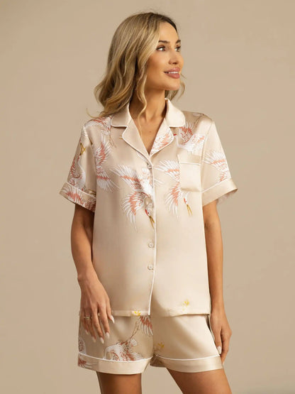 Clearance - 19Momme 100% Mulberry Silk Crane Print Short Sleeve Notch Collar Women's Pajamas Set