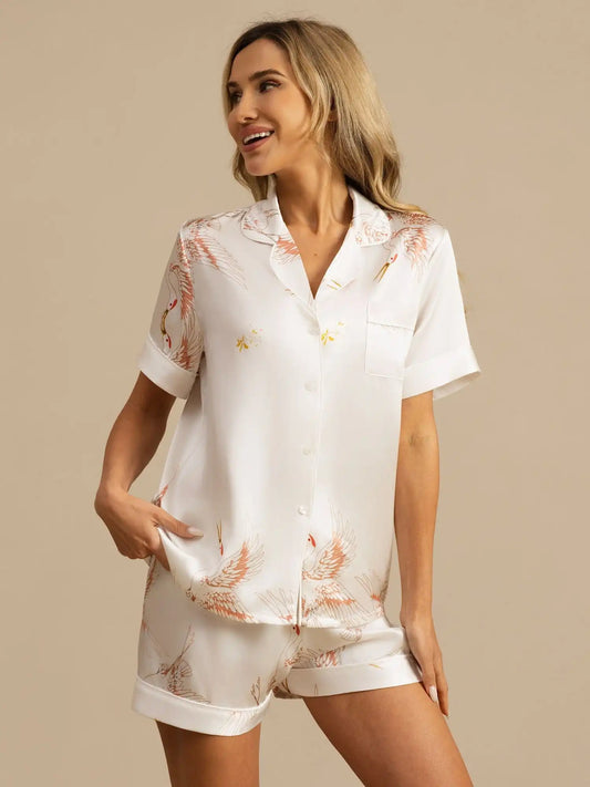 Clearance - 19Momme 100% Mulberry Silk Crane Print Short Sleeve Notch Collar Women's Pajamas Set