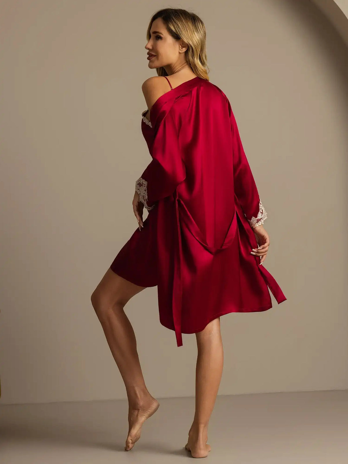 Elegant 100% Mulberry Silk Lace Trim Nightgown & Robe Set 2Pcs