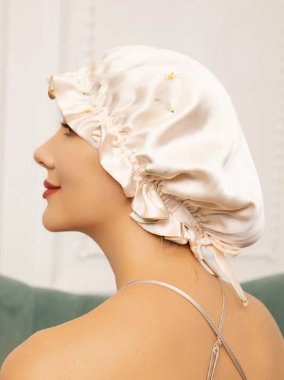 100% Mulberry Silk Sleep Cap Double Layer Bonnet with Ribbon