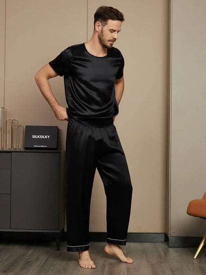 100% Mulberry Silk Short Sleeve Round Neck Men's Pajamas Set with Pants
