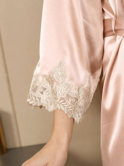 100% Mulberry Silk Spaghetti Strap Lace Nightgown & Robe Set