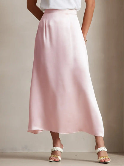 Clearance - 19Momme Silk A Line Maxi Skirt with Zipper Design