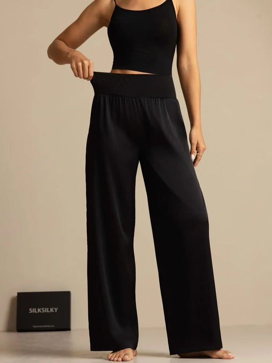 19Momme Silk Women's High-Waist Wide Leg Pants with Wide Stretch Waistband