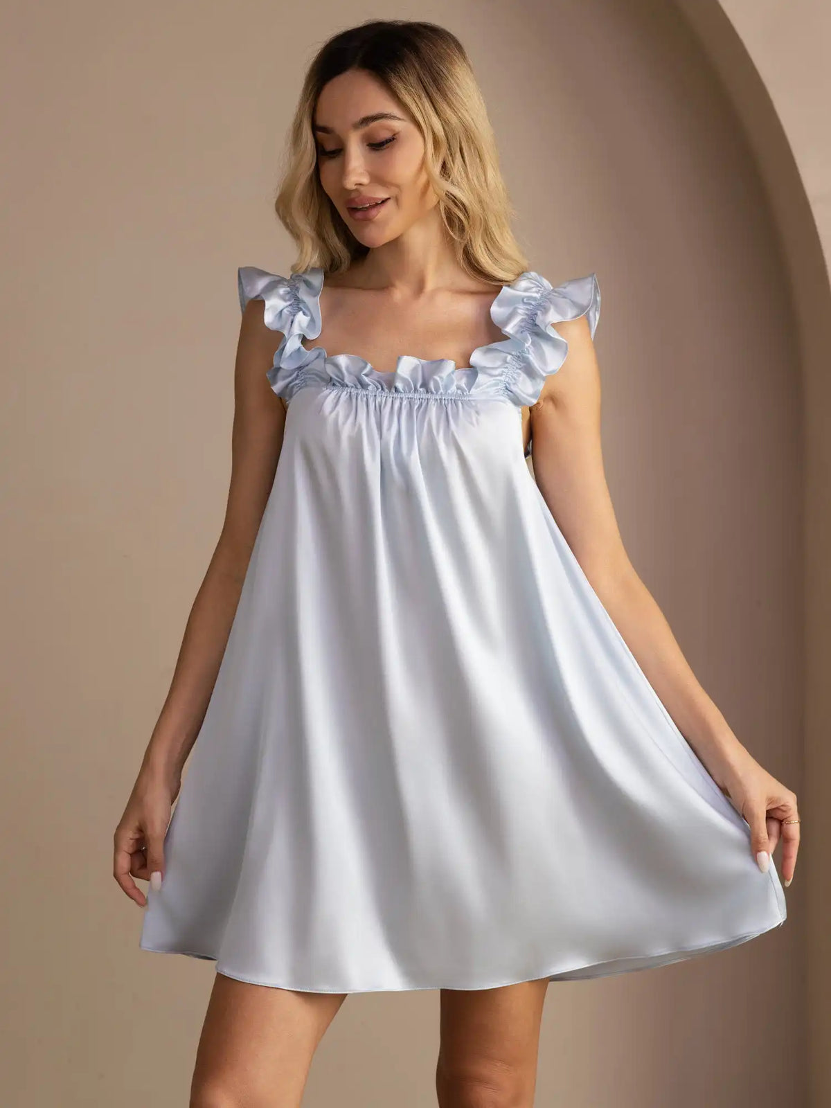 19Momme Silk Ruffle Strap Square Neck  Babydoll A-Line Short Nightgown