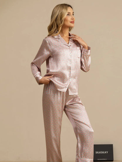 Women's 100% Mulberry Silk Geometric Print Long Sleeve Pajamas Set With Pants