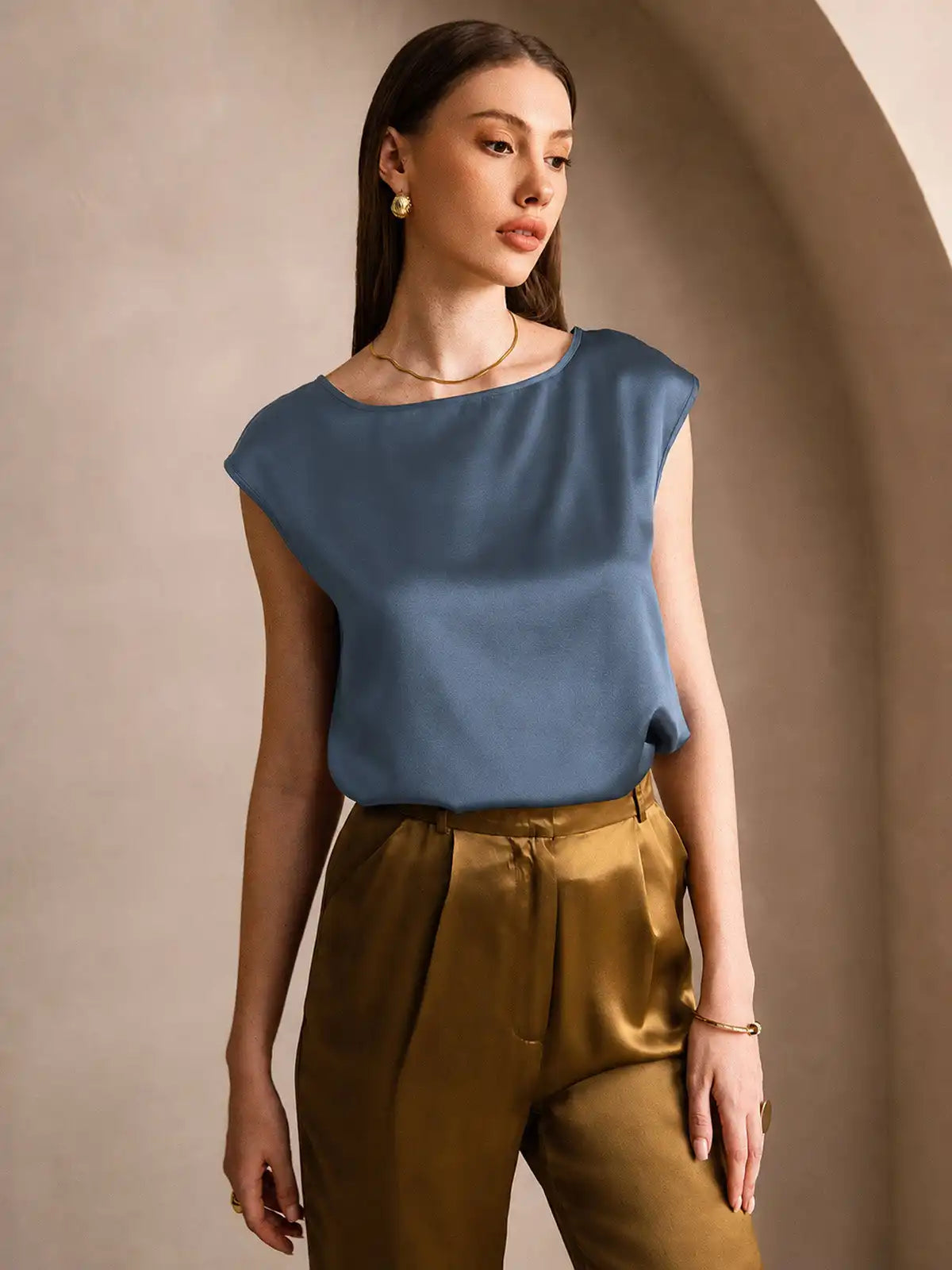 19Momme Women's Silk Cap Sleeve Round Neck Top