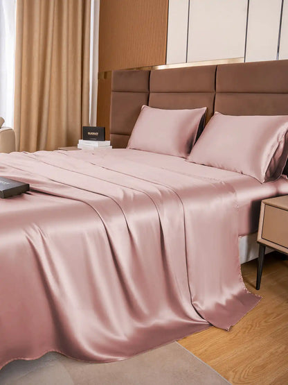 19Momme 4Pcs 100% Mulberry Silk Bedding Set Fitted&Flat Sheets+2x Pillowcases