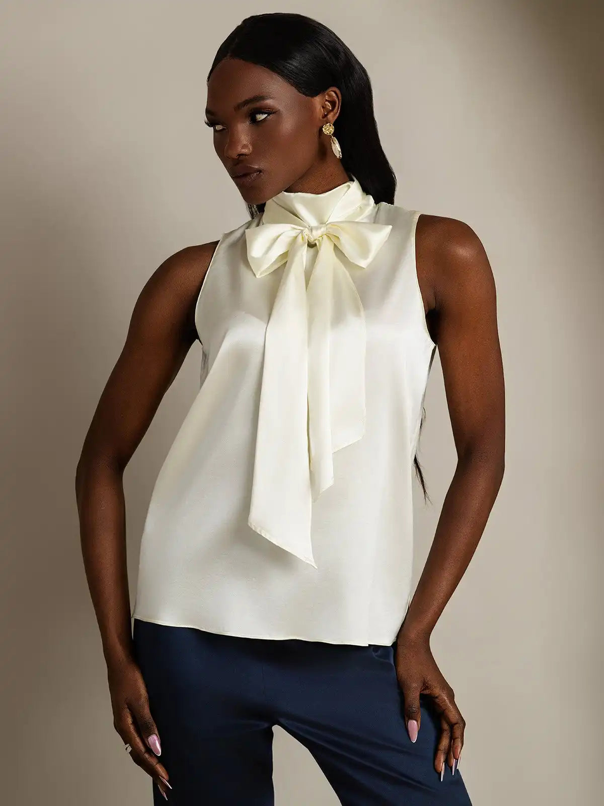 19Momme Silk Sleeveless Tie Neck Blouse