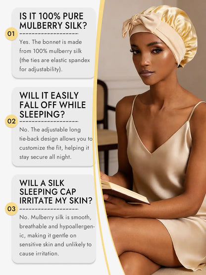 100% Mulberry Silk Bonnet Bowknot Tie Sleep Cap for Hair Protection